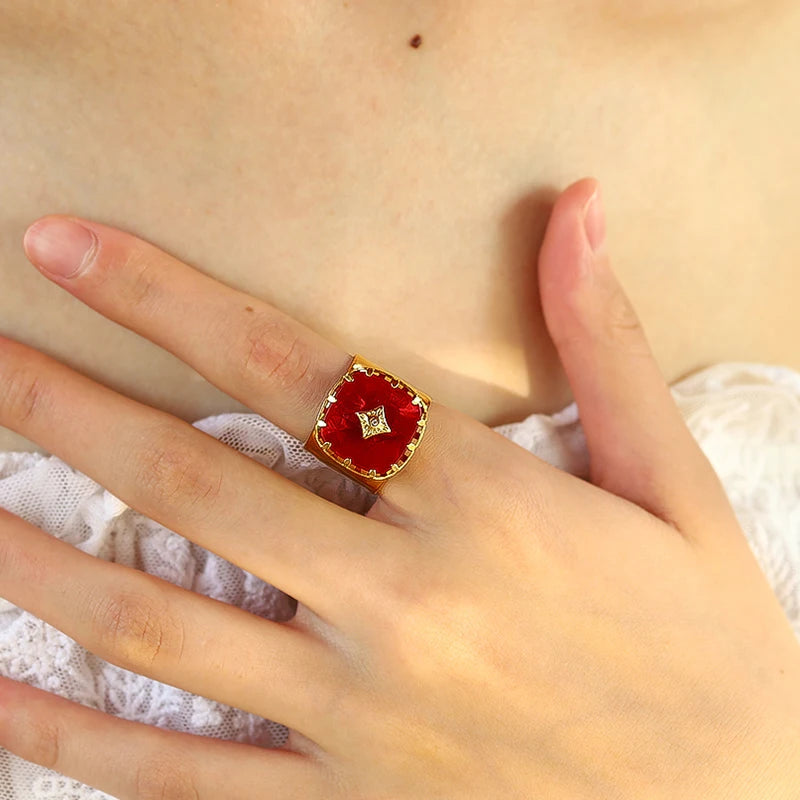 WILD & FREE Vintage 18K Gold Plated Stainless Steel Rings for Women Red Acrylic Charm Wide Ring Trendy Waterproof Jewelry