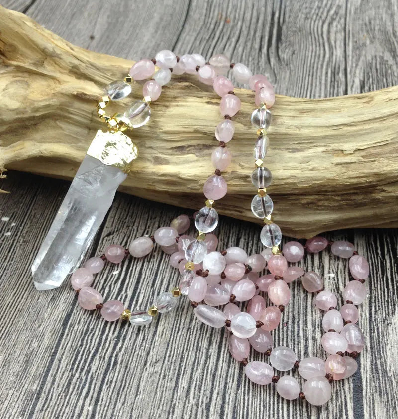 YA2971 Natural Quartz Pendant Rose Quartzs Nuggets Beads Knot Handmade Necklace (not including the Tax cost to the USA))