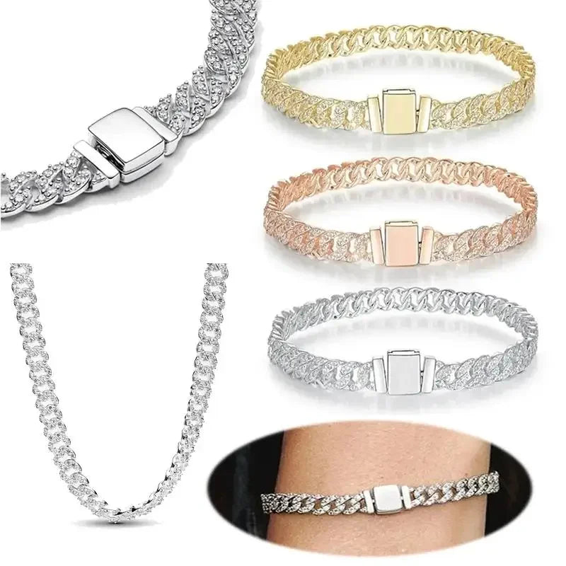 2025 New Cuban Chain @s Shiny Densely Inlaid Eternal Chain Bracelet Necklace Jewelry Charm Women's Gift Fit for Daily Wear
