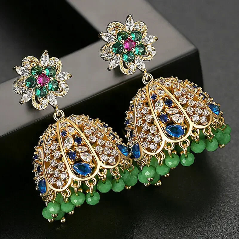 New Gold Color Indian Jhumka Bollywood Ethnic Gypsy Jhumki Crystal Beads Tassel Bells Drop Earrings Bridal Wedding Party Jewelry