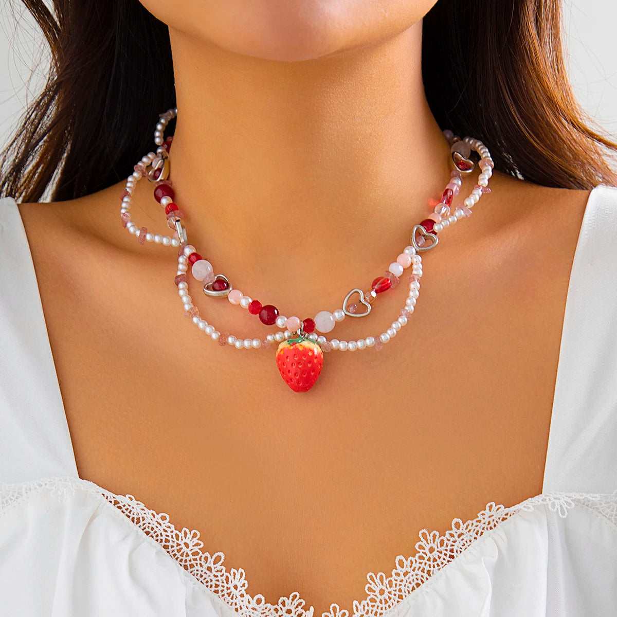 Ingemark Kpop Sweet Imitation-Pearl Chain Strawberry Pendant Necklace for Women Wed Bridal Love Heart Choker Aesthetic Jewelry