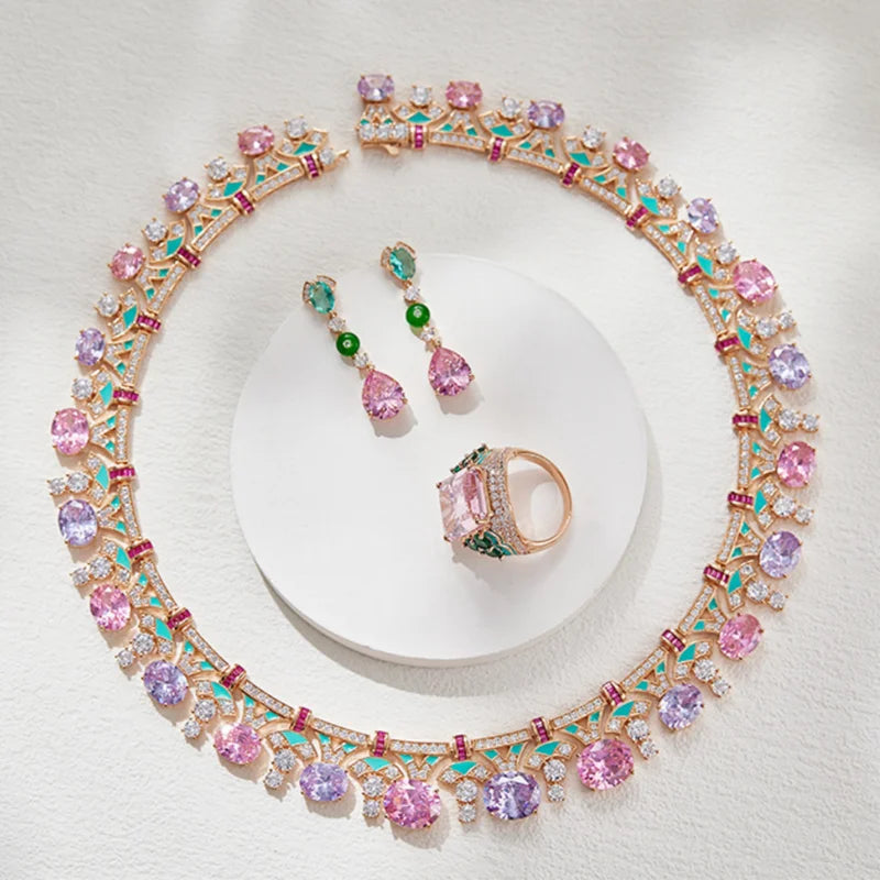 Designer Collection Style Ring Earrings Necklace Women Lady Inlay Pink Round Cubic Zircon Enamel Dinner Party Jewelry Sets