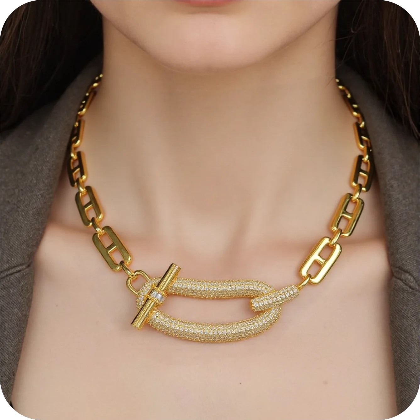 Elegant 24k Gold Plated Copper Zircon Geometry Pendant Necklace For Women Fashion Punk Jewelry Gifts Party Banquet Accessory